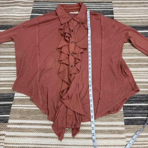 Free People We‎ The Free Feelin' Fresh Shirting Cotton Ruffle-Front Warm Stone S - Picture 12 of 16